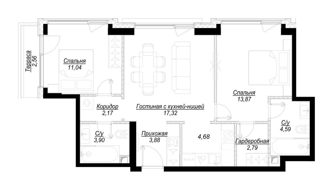 Планировка Квартира с 2 спальнями 65.21 м2 в ЖК Hide
