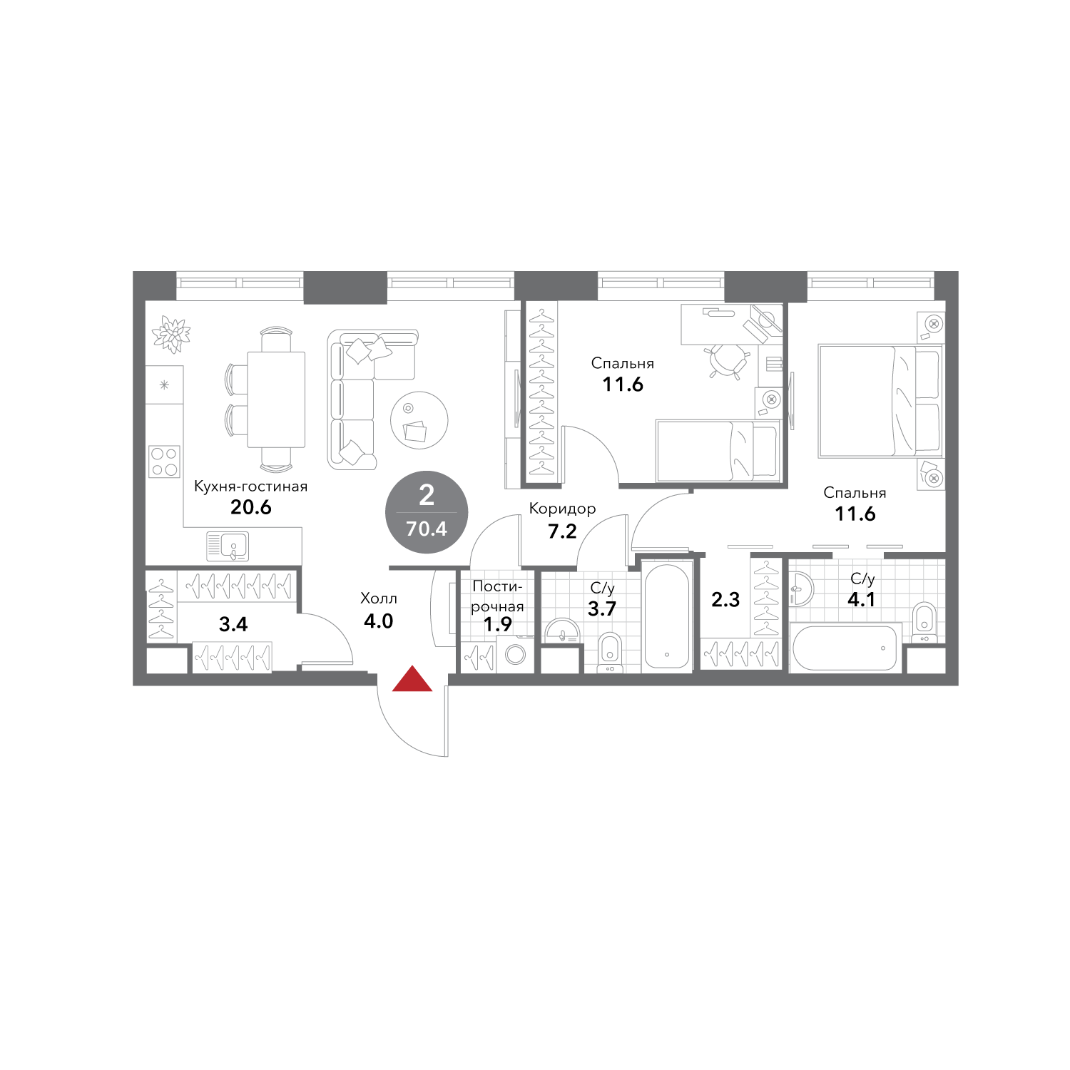 Планировка Квартира с 2 спальнями 70.6 м2 в ЖК Voxhall