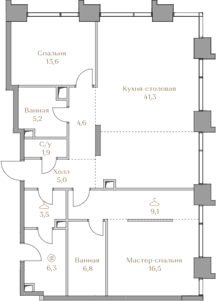 Планировка Квартира с 2 спальнями 113.8 м2 в ЖК Luzhniki Collection