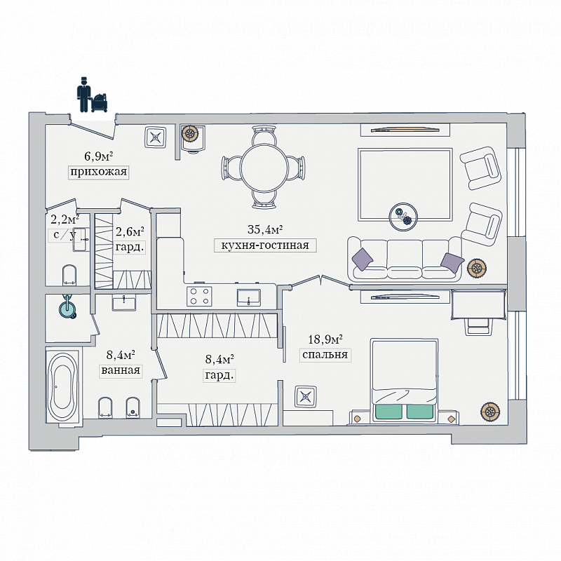 Планировка Апартаменты с 1 спальней 48.6 м2 в ЖК Звезды Арбата