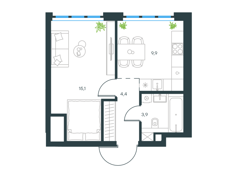 Планировка Квартира с 1 спальней 33.3 м2 в ЖК Level Южнопортовая