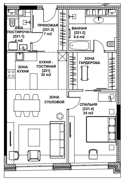 Планировка Апартаменты с 1 спальней 79.8 м2 в ЖК Sole hills