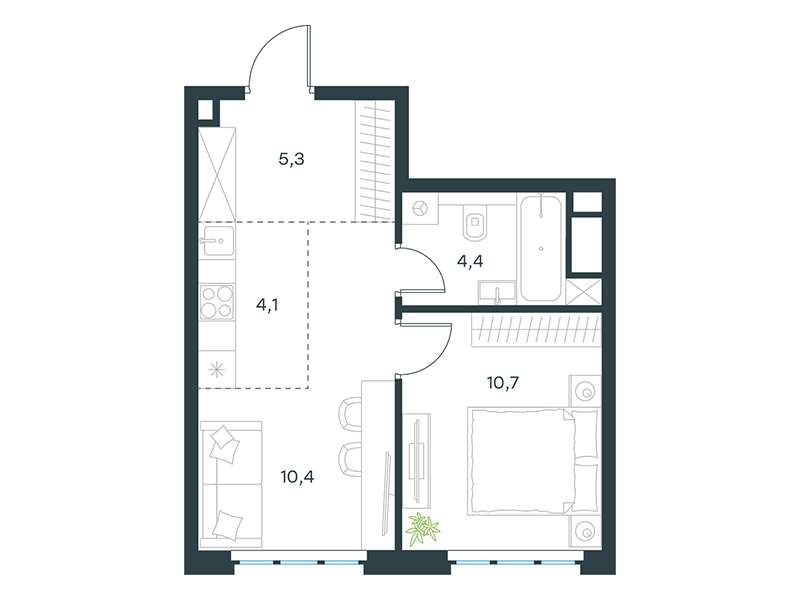 Планировка Апартаменты с 1 спальней 34.9 м2 в ЖК Level Южнопортовая
