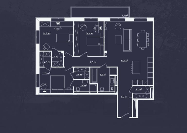 Планировка Апартаменты с 3 спальнями 128.1 м2 в ЖК River Residences