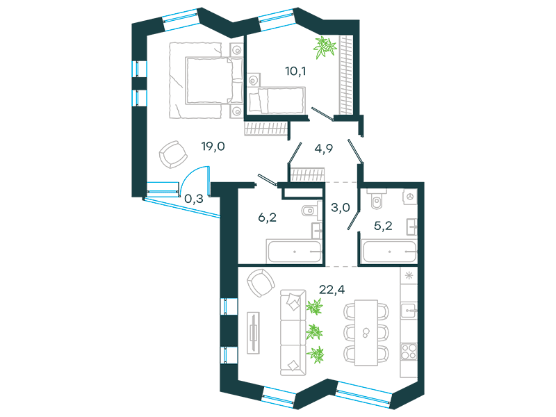 Планировка Апартаменты с 2 спальнями 71.1 м2 в ЖК Level Стрешнево