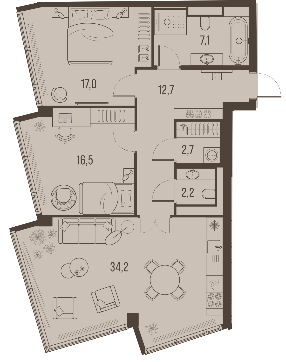 Планировка Квартира с 2 спальнями 92.4 м2 в ЖК High Life