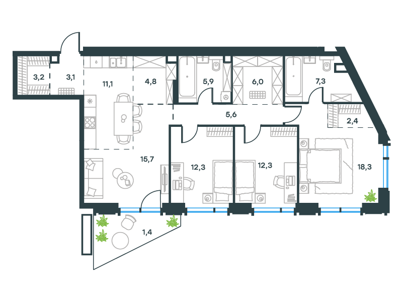 Планировка Квартира с 3 спальнями 109.4 м2 в ЖК Level Академическая