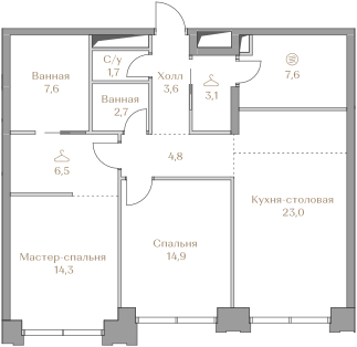 Планировка Квартира с 2 спальнями 89.8 м2 в ЖК Luzhniki Collection