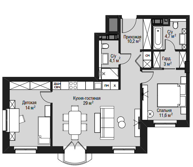 Планировка Апартаменты с 2 спальнями 81.8 м2 в ЖК Wellton Spa Residence
