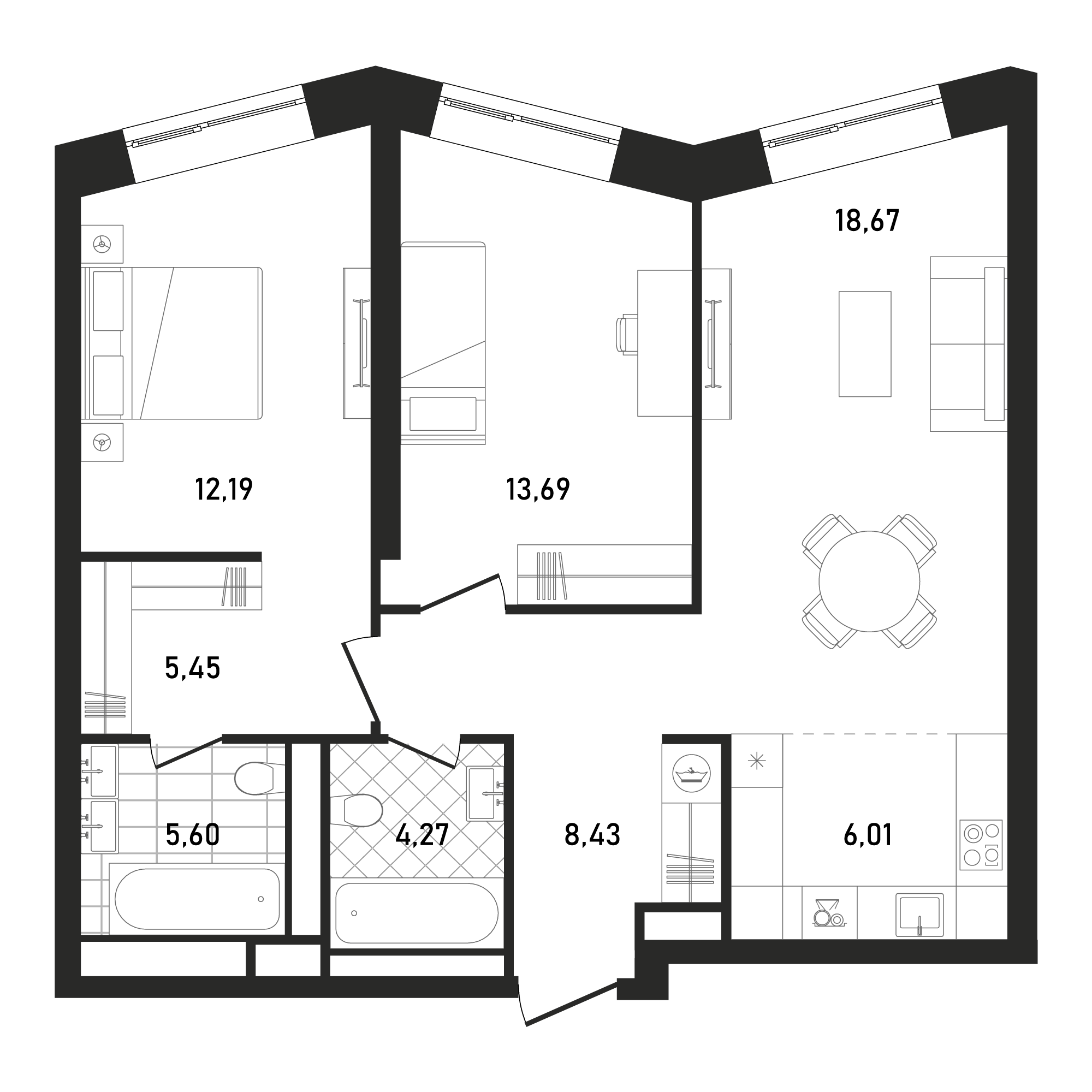 Планировка Квартира с 3 спальнями 74.72 м2 в ЖК Republic