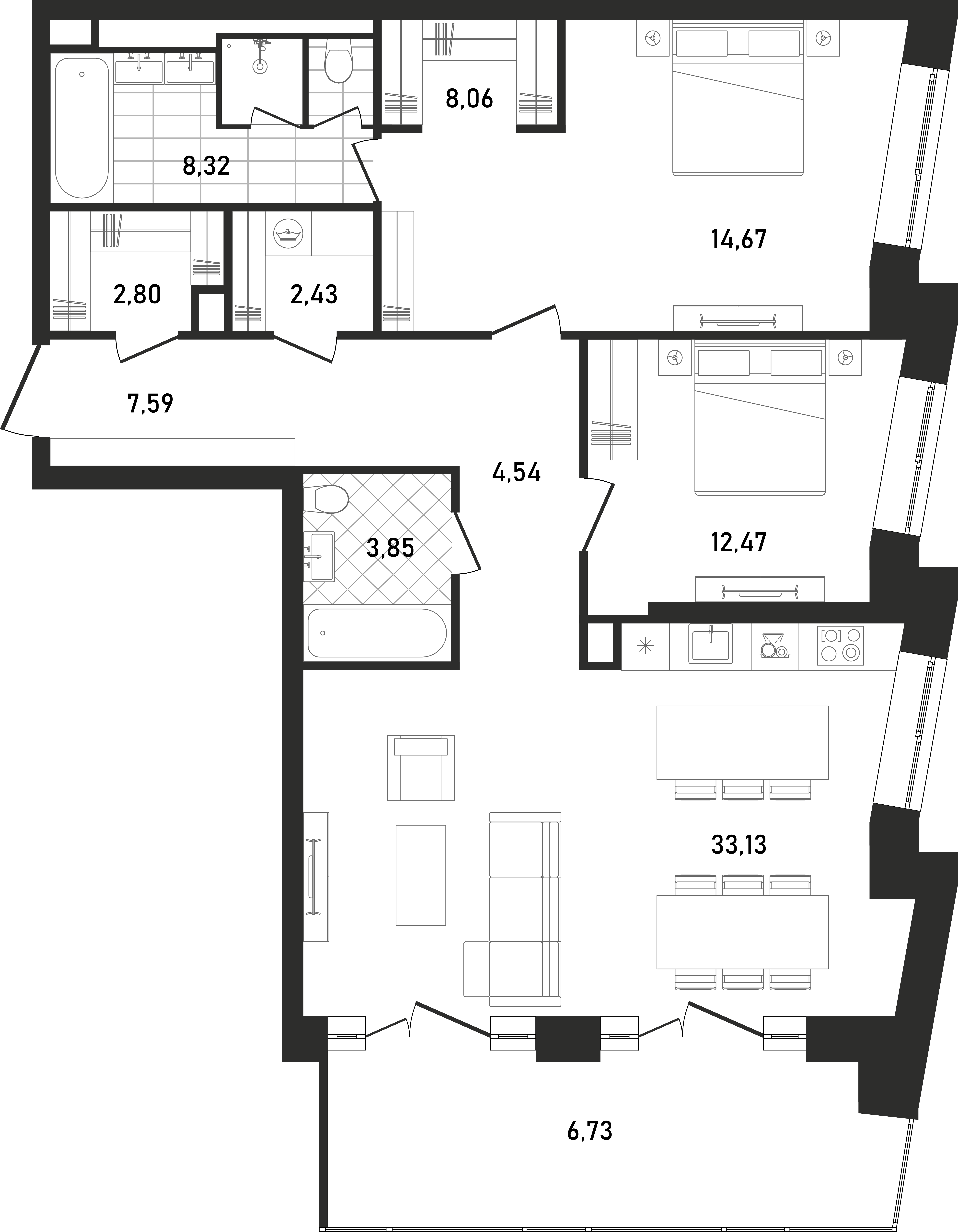 Планировка Квартира с 2 спальнями 104.49 м2 в ЖК Republic