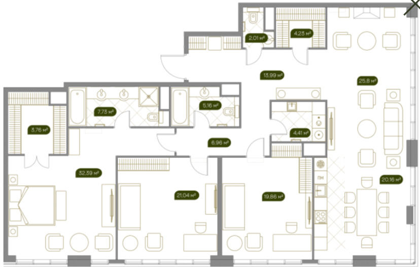 Планировка Квартира с 4 спальнями 169.2 м2 в ЖК West Garden