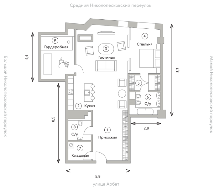 Планировка Квартира с 2 спальнями 111.7 м2 в ЖК Turandot Residences