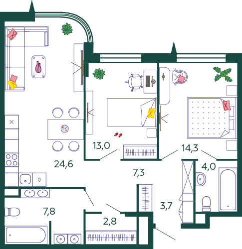 Планировка Квартира с 2 спальнями 77.5 м2 в ЖК Shagal
