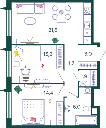 Планировка Квартира с 2 спальнями 65 м2 в ЖК Shagal
