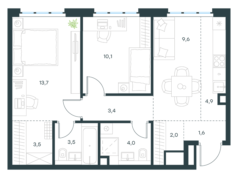 Апартаменты с 2 спальнями 56.3 м2 в ЖК Level Южнопортовая