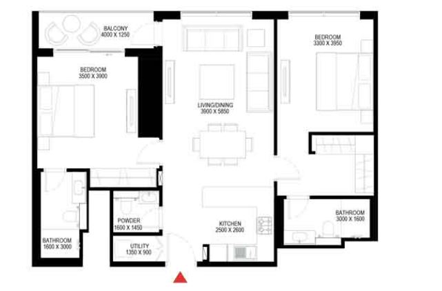 Планировка 2-комнатная квартира 103.4 м2 в ЖК Sobha One