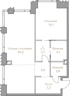 Квартира с 1 спальней 63 м2
