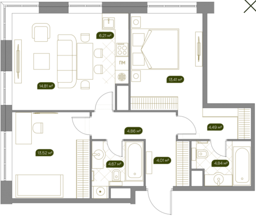 Планировка Квартира с 3 спальнями 74.4 м2 в ЖК West Garden