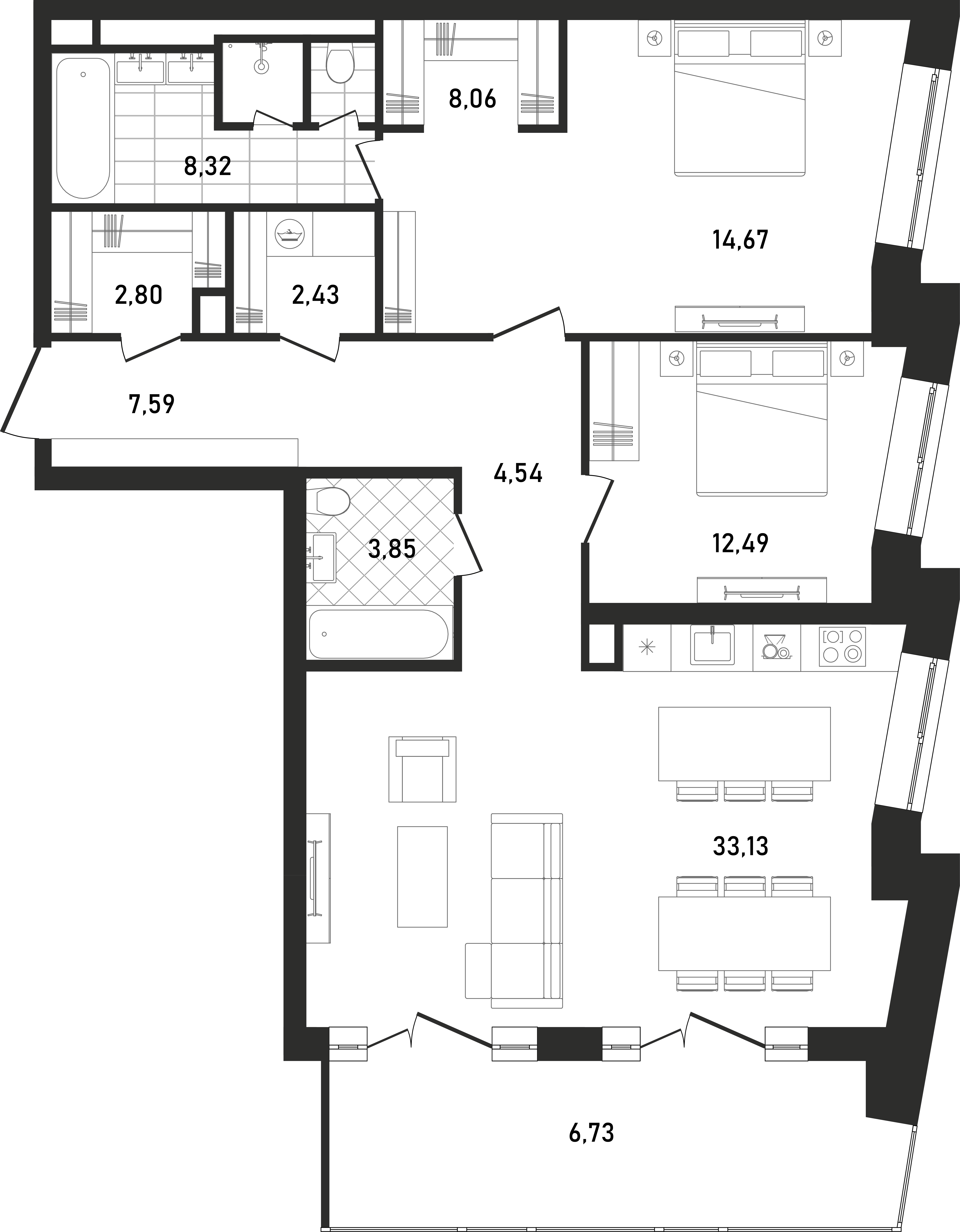 Планировка Квартира с 2 спальнями 104.52 м2 в ЖК Republic