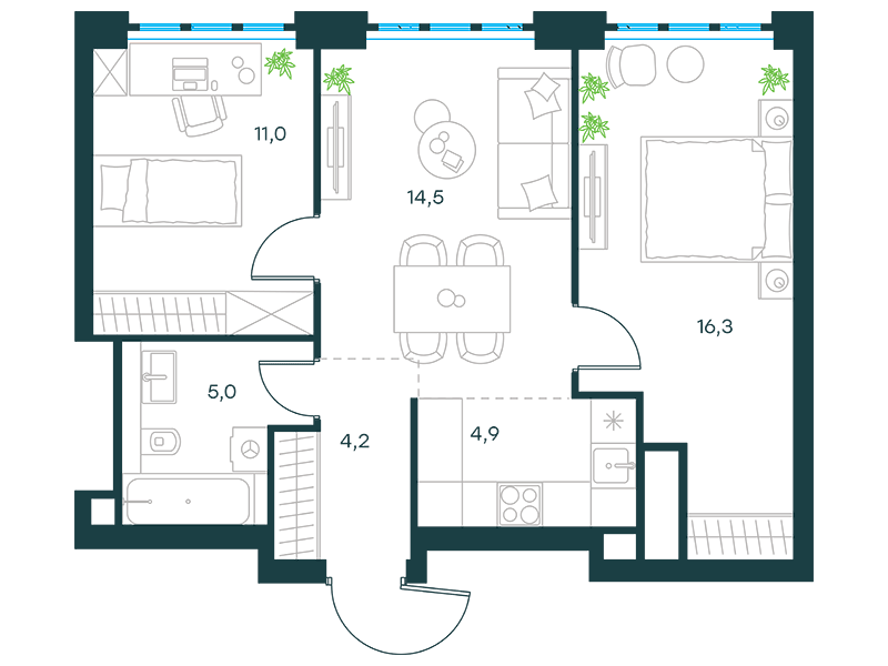 Планировка Квартира с 2 спальнями 55.9 м2 в ЖК Level Южнопортовая