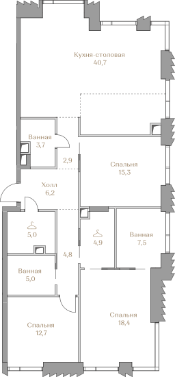 Планировка Квартира с 3 спальнями 127.1 м2 в ЖК Luzhniki Collection