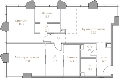Планировка Квартира с 2 спальнями 89.5 м2 в ЖК Luzhniki Collection