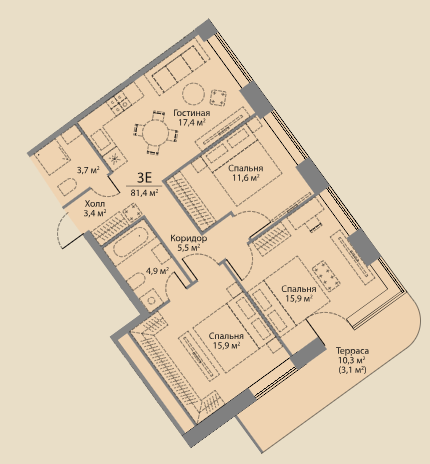 Планировка Квартира с 2 спальнями 81.4 м2 в ЖК Stories