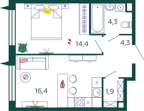 Планировка Квартира с 1 спальней 41.3 м2 в ЖК Shagal