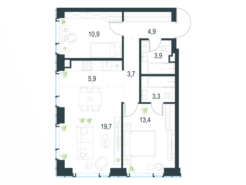 Планировка Квартира с 2 спальнями 65.7 м2 в ЖК Level Мичуринский