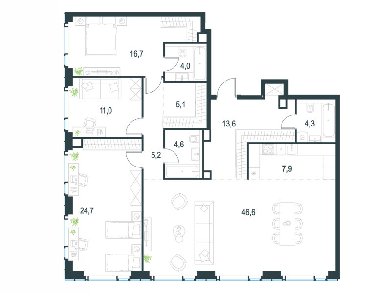 Планировка Квартира с 3 спальнями 143.7 м2 в ЖК Level Мичуринский