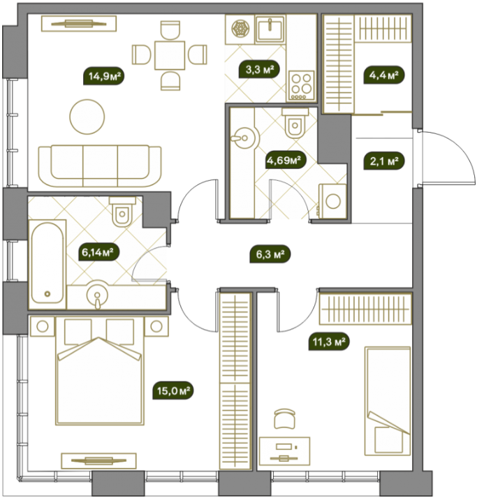 Планировка Квартира с 3 спальнями 72.6 м2 в ЖК West Garden