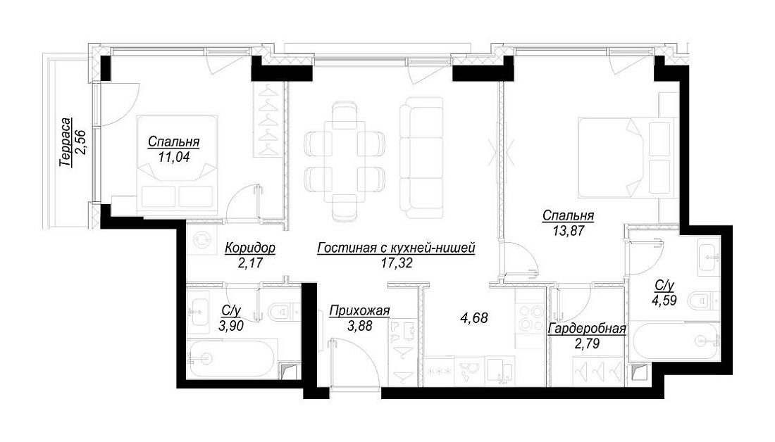 Планировка Квартира с 2 спальнями 65.21 м2 в ЖК Hide