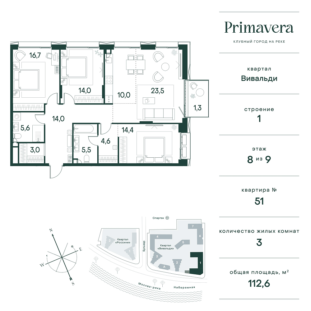 Планировка Квартира с 3 спальнями 112.6 м2 в ЖК Primavera
