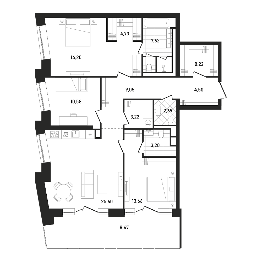 Планировка Квартира с 1 спальней 47.49 м2 в ЖК Republic