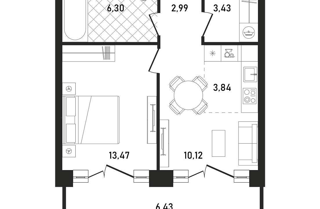 Квартира с 1 спальней 46.58 м2 в ЖК Republic