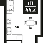 Планировка Апартаменты с 1 спальней 44.2 м2 в ЖК Deco Residence
