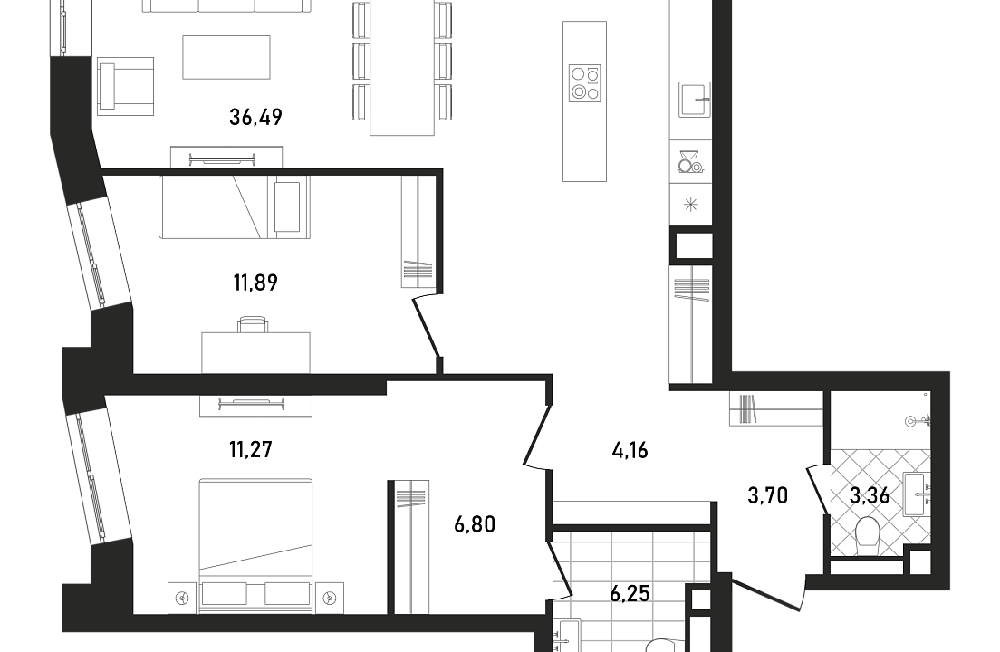 Квартира с 2 спальнями 84.14 м2 в ЖК Republic