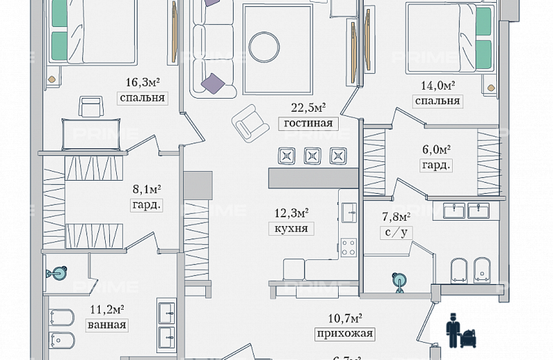 Апартаменты с 2 спальнями 124.9 м2 в ЖК Звезды Арбата