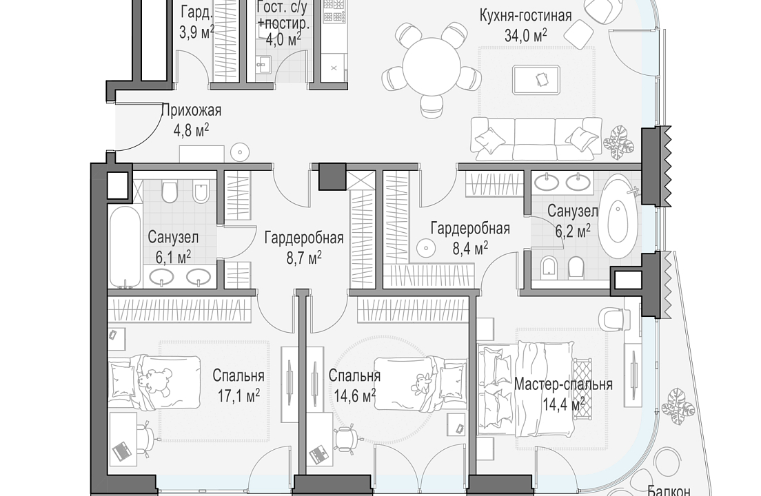 Квартира с 3 спальнями 126 м2 в ЖК Лаврушинский