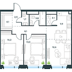 Планировка Квартира с 2 спальнями 69 м2 в ЖК Level Академическая