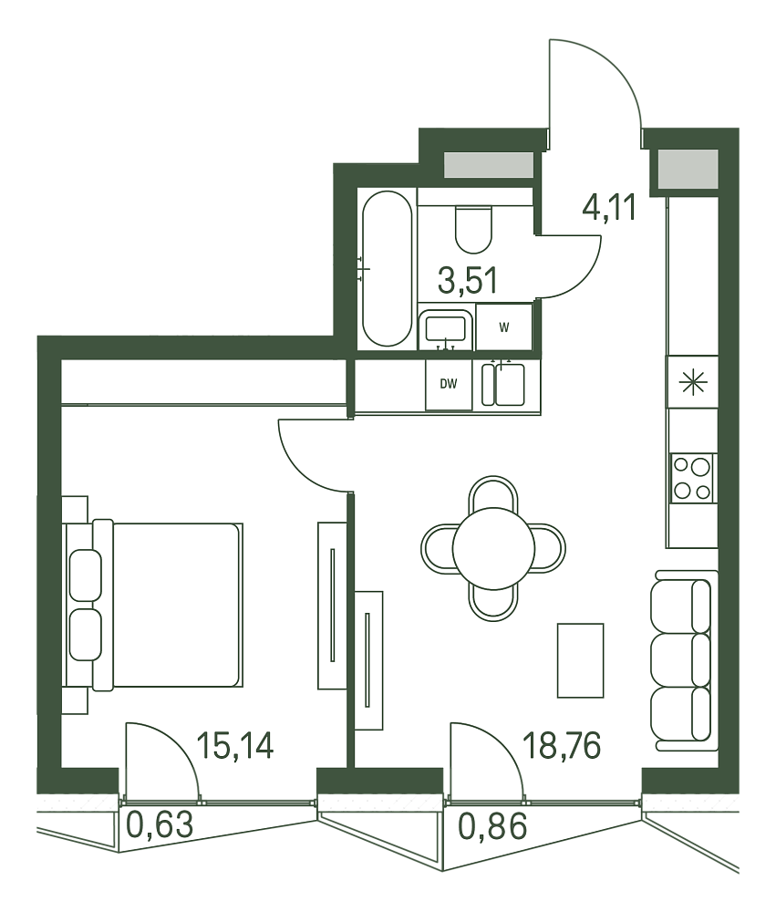 Планировка Квартира с 1 спальней 41.97 м2 в ЖК Moments