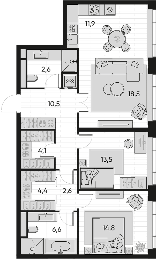 Планировка Квартира с 2 спальнями 91.9 м2 в ЖК Pride