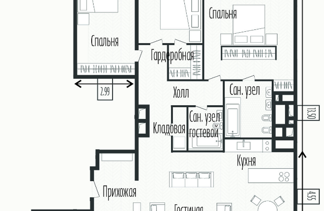 Квартира с 3 спальнями 143.4 м2 в ЖК Artisan