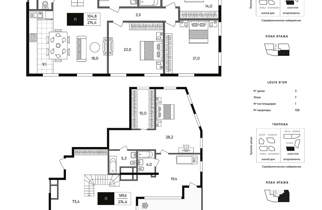 Апартаменты с 4 спальнями 274.4 м2 в ЖК Titul на Серебрянической