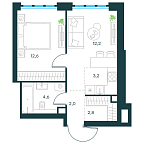 Планировка Квартира с 1 спальней 37.4 м2 в ЖК Level Южнопортовая