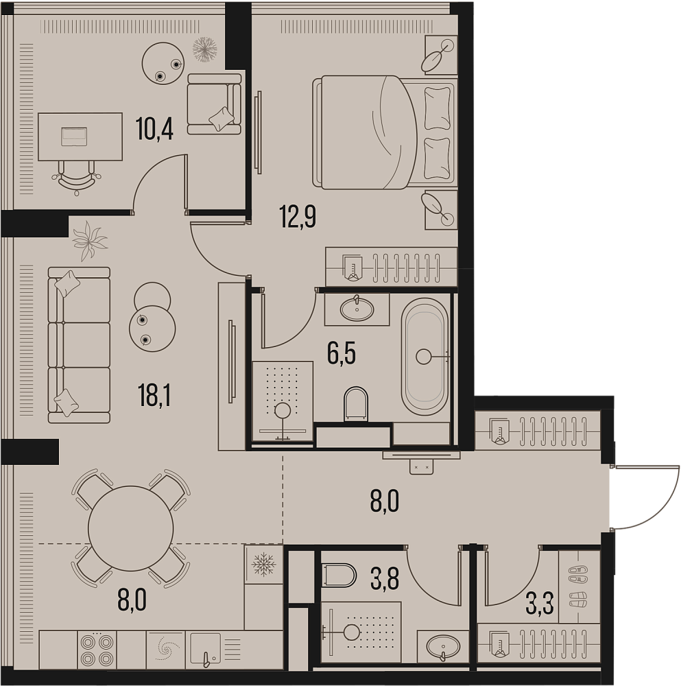 Планировка Квартира с 2 спальнями 71.1 м2 в ЖК High Life