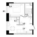 Планировка Квартира с 1 спальней 40.93 м2 в ЖК Republic