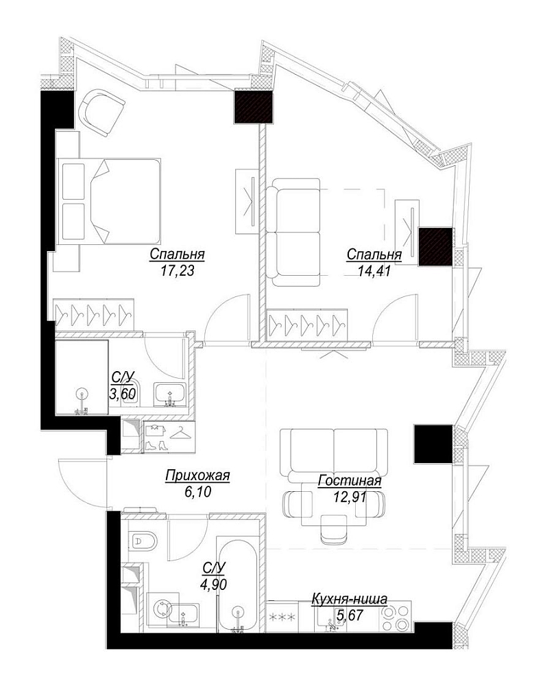 Планировка Квартира с 2 спальнями 64.82 м2 в ЖК Famous