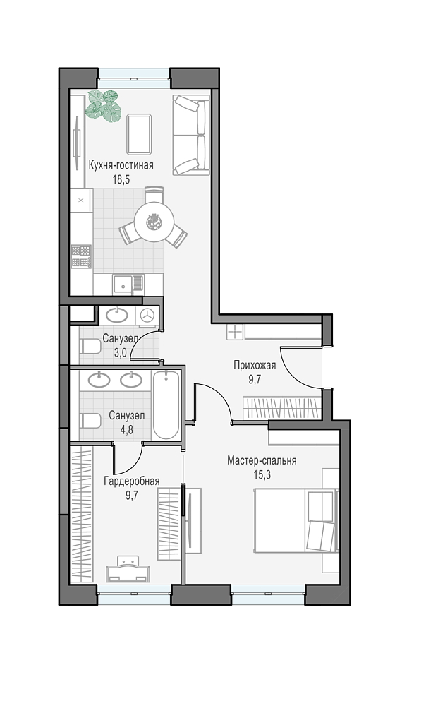 Планировка Квартира с 2 спальнями 61.53 м2 в ЖК Дом Достижение